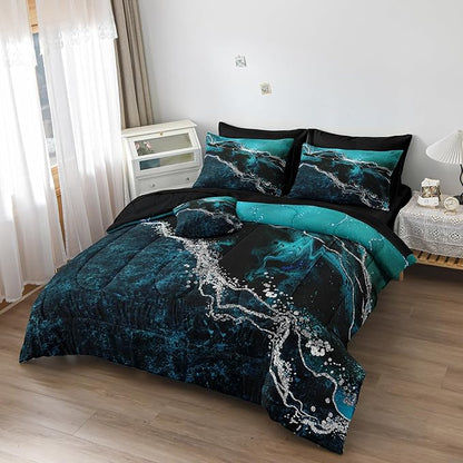 Black Marble Comforter Set 8 Pcs Turquoise Blue Bedding Set Queen Size Bed in A Bag Blue and Black Stone Texture Abstract Room Decor Black Marble Bed Comforter