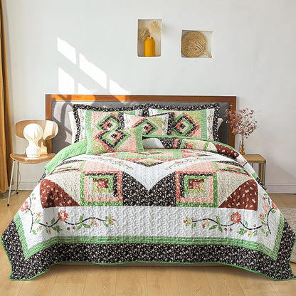 BEDIFANY Queen Size Quilt Set - Lightweight Cotton Filling Bedspread Queen Size (90 x 98 Inch) Coverlet Set - Floral Queen Quilt Bedding Sets for Bed Decorations - All Seasons, 3 Pieces - Green