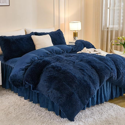 Andency Fluffy Navy Blue Comforter Set King Size, 3 Pieces Winter Faux Fur Warm Soft Fuzzy Plush Bedding Comforter Set (1 Velvet Comforter & 2 Pillowcases), Thick Heavy Comfy Comforters Bedding Set