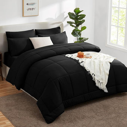 CozyLux Full Size Comforter Sets Black, 7 Pieces Bed in a Bag, Black Comforter Full Size, All Season Bedding Sets with Stitch Quilted Comforter, Flat Sheet, Fitted Sheet, Pillowcases