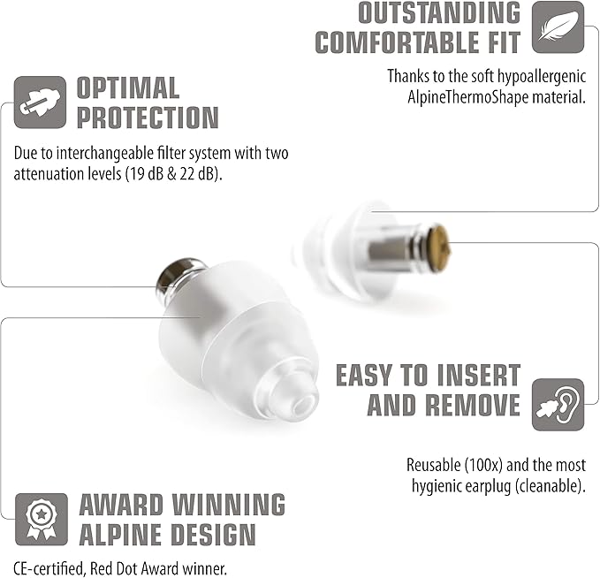 Alpine MusicSafe - High Fidelity Earplugs for Musicians - 2 Interchangeable Filter Sets: 19 & 22 dB - Professional Musician Hearing Protection - Transparent