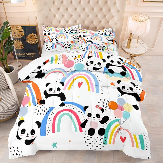 Tailor Shop Cute Panda Bedding Set for Girls Kids Toddler, Rainbow Cartoon Bear Printed Colorful Comforter Set Full Size with 2 Matching Pillowcases……