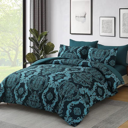 WONGS BEDDING 7 Piece Queen Comforter Set, Teal Texture Breathable Microfiber Comforter Bedding Set for All Season, Damask Bed in a Bag with Comforter, Flat Sheet, Fitted Sheet, Pillowcases & Shams