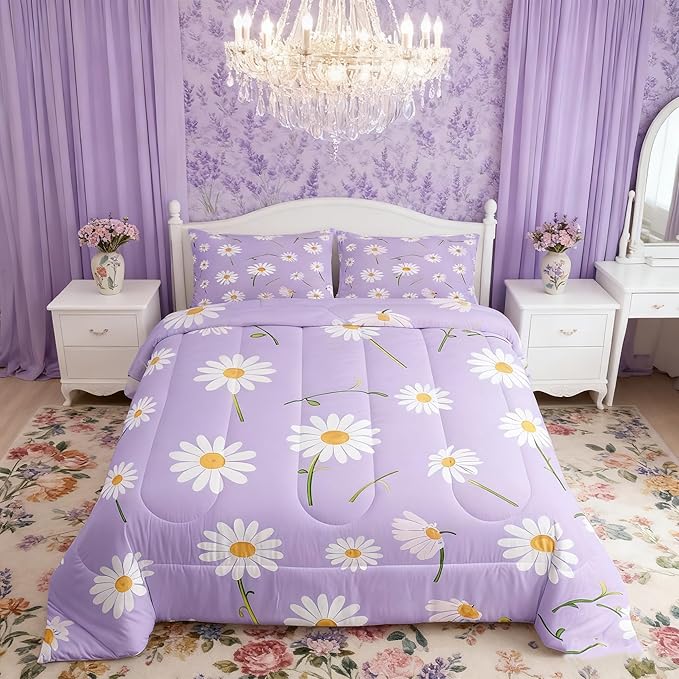 Manfei Cute Flower Comforter Set King Size, White Daisy Floral Bedding Set 3pcs for Kids Boys Girls Room Decor, Botanical Plants Wildflower Down Comforter with 2 Pillowcases, No Sheets