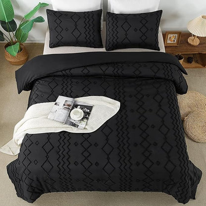 Andency Black Boho Tufted Comforter Set California King, 3 Pieces Textured Farmhouse Bed, Soft Microfiber Down Alternative Geometric Comforter Bedding Set (104x96Inch)