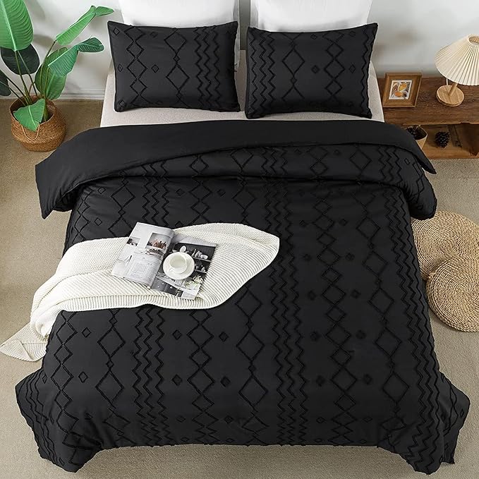 Andency Black Tufted Comforter Set King(104x90Inch), 3 Pieces(1 Tufts Comforter, 2 Pillowcases) Boho Textured Farmhouse Bed Set, Microfiber Down Alternative Geometric Bedding