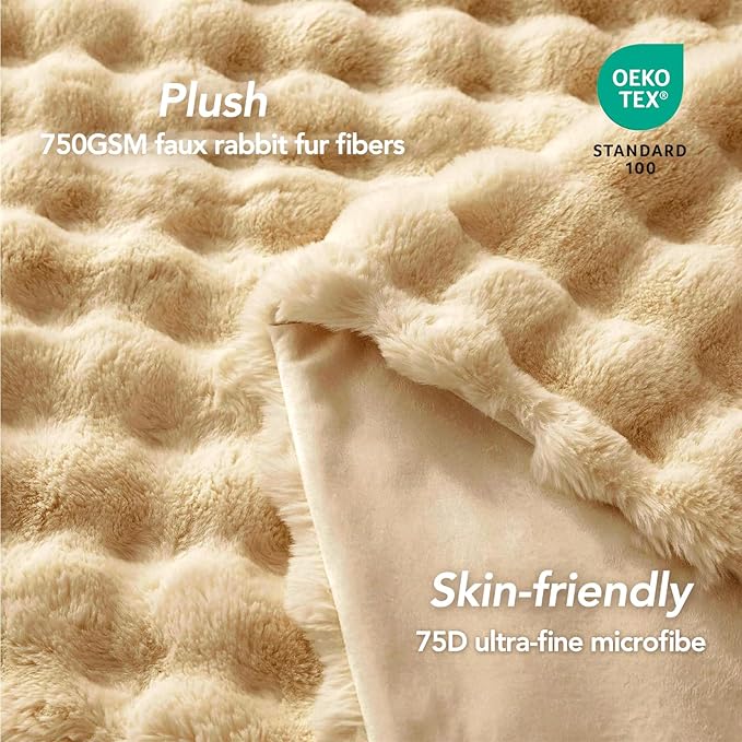 L'AGRATY Faux Rabbit Fur Blanket: 60" x 80" Twin Luxury Soft Fluffy Thick Fur Throw Blanket for Couch Bed - Cozy Plush Bubble Blankets for Winter: Flannel Fleece Decorative Blanket(Milk Tea Brown)