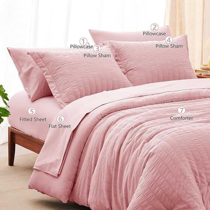 CozyLux King Size Comforter Set Pink Seersucker 7 Pieces Bed in a Bag King Comforter Set with Sheets, Luxury Bedding Sets with Down Alternative Comforter, Sheets, Pillowcases & Shams All Seasons