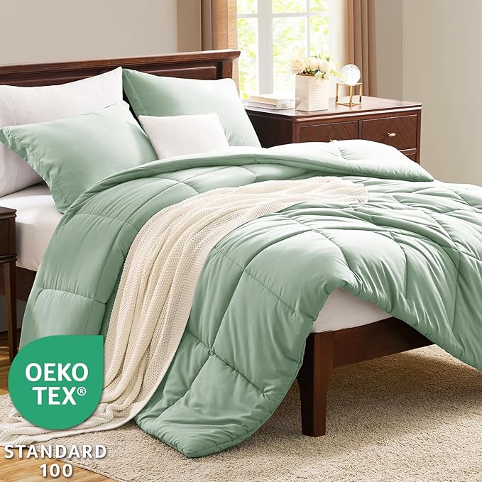 CozyLux King Size Comforter Set - Sage Green Comforter King Size, 3 Pieces Box Stitched Bed Set for All Seasons, Soft Lightweight Bedding Sets with 1 Down Alternative Comforter and 2 Pillow Shams
