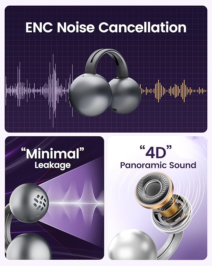 mojawa StarClip Open-Ear Wireless Bluetooth Headphones, Clip-On Earbuds, 4D Panoramic Sound, Clear Calls, Lightweight, Secure Fit, IP54 Water-Resistant Ear Grips for Workout and Daily Use, Gray