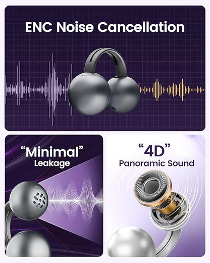 mojawa StarClip Open-Ear Wireless Bluetooth Headphones, Clip-On Earbuds, 4D Panoramic Sound, Clear Calls, Lightweight, Secure Fit, IP54 Water-Resistant Ear Grips for Workout and Daily Use, Gray