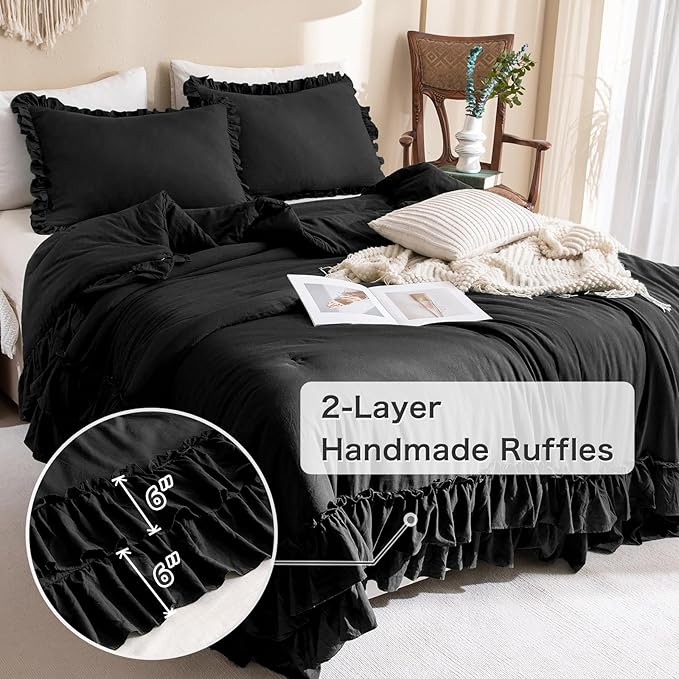 Masaca Black Ruffled Comforter Set Queen,Farmhouse Shabby Boho Chic Bedding,Ultra Soft Fluffy Ruffle Bed Comforter Set 3-Piece (1 Ruffle Comforter+2 Pillow Shams)