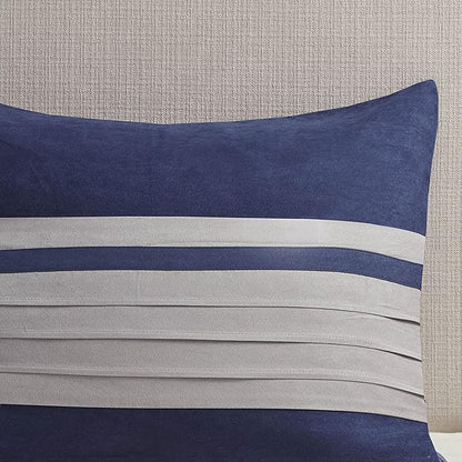 Madison Park Cozy Comforter Set-Luxury Faux Suede Design, Striped Accent, All Season Down Alternative Bedding, Matching Shams, Decorative Pillow, Blue, California King (104 in x 92 in)