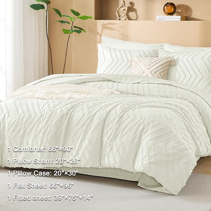 Litanika Twin Comforter Set with Sheets Ivory - 5 Pieces Boho Tufted Shabby Chic Bed in a Bag, Fluffy Soft Farmhouse Bed Set for All Seasons