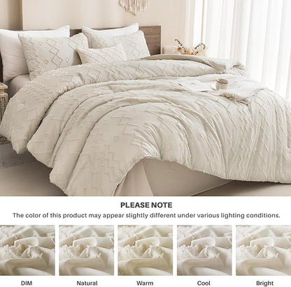 Andency King Comforter Set Beige, Textured Farmhouse 3 Pieces (1 Boho Comforter, 2 Pillowcases), Soft Microfiber Down Alternative Geometric Bedding Set (104x90 Inch)