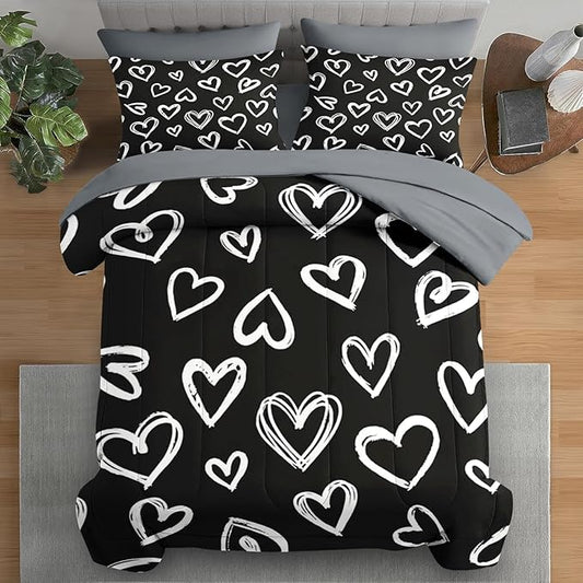Comforter Set Queen Size, Love Cute 7 Pcs Bedding for Kids and Adults, Heart White Bed Sheet Sets with Fitted Sheet 2 Pillowcases & 2 Shams for Bedroom Bed Decor