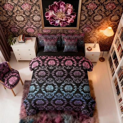 Erosebridal Gradient Rainbow Damask Comforter Set 7-Piece Bed in a Bag Twin | Antique Decor Gothic Vintage Floral Bedding Sets Goth Victorian Comforter and Sheet Set, Luxury Bohemian Room Decor