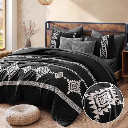 MaiRêve Embroidery Comforter Set, Boho Farmhouse Western Bedding Set, All Season Bed in A Bag Comforter Set with Sheets, Pillowcases & Shams, Black King 7 Pieces