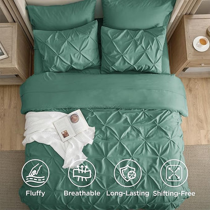 Bedsure King Size Comforter Set Graysih Green - Bed in a Bag Bedding Set 7 Pieces, GentleSoft™ Pintuck Bed Set Gift for Family, Pinch Pleat Graysih Green Comforter with Sheets, Pillowcases & Shams