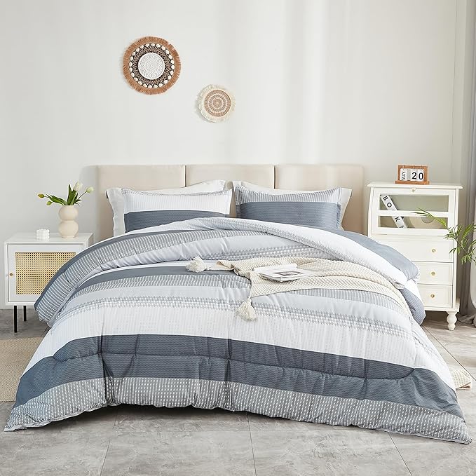 Litanika Comforter Full Size Bed Set Light Grey - 3 Pieces Lightweight Gray White Colorblock Stripe Fluffy Bedding Comforter Sets, All Season Bed Set