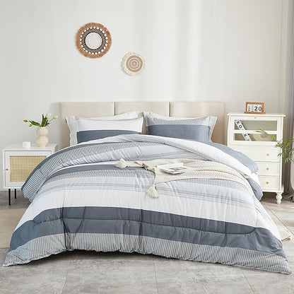 Litanika Light Grey California King Comforter Set, 3 Pieces Cal King Lightweight Gray White Colorblock Stripe Bedding Comforter Sets, Fluffy Bed Set