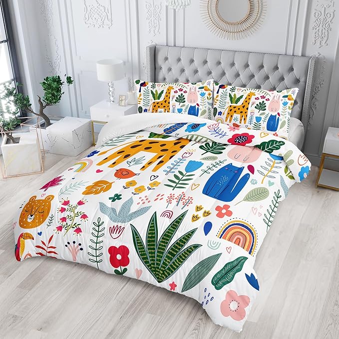 Kids Cute Cat Comforter Set Twin Size 3Pcs Cartoon Pet Rainbow Giraffe Fishing Bedding Set Lovely Animal Parrot Flower Quilt Bed Set for Children Girls Boys Room Decor