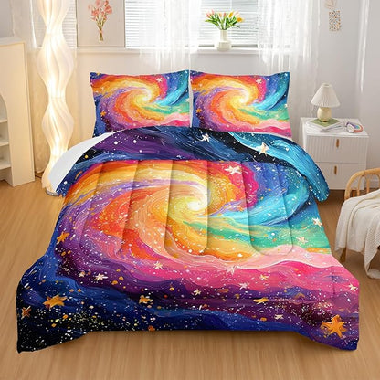 Rainbow Starry Sky Pattern Comforter Modern Abstract Comforter Set,Rainbow Starry Sky Bedding Set King Size,Mordern Art Decor All Season Lightweight Soft Microfiber with 2 PillowShams