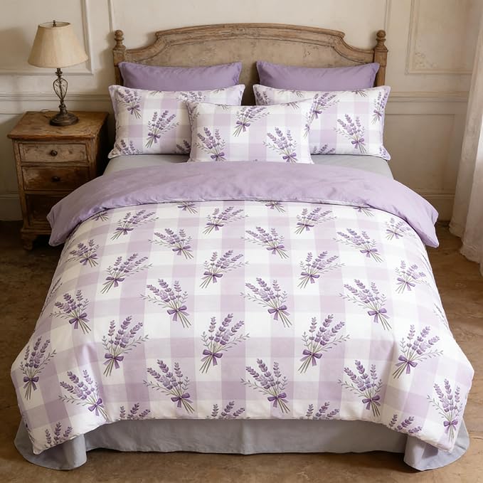 Lavender Comforter Set Full Size 5Pcs Purple Gingham Bedding Boho Plaid Checkered Quilted Comforter with 2 Pillow Cases + 1 Flat Sheet + 1 Fitted Sheet, 79"x90"
