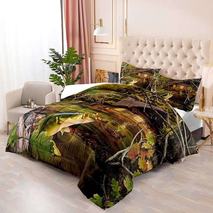 LUVIVIHOME 3PCS Fishing Comforter Set Full Size, Hunting Camo Bedding, Forest Woodland Bass Fish Lake House Bedding, Rustic Cabin Country Farmhouse Bedroom Decor, Soft Microfiber Quilt, 2 Pillow Shams