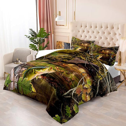 LUVIVIHOME 3PCS Fishing Comforter Set Full Size, Hunting Camo Bedding, Forest Woodland Bass Fish Lake House Bedding, Rustic Cabin Country Farmhouse Bedroom Decor, Soft Microfiber Quilt, 2 Pillow Shams