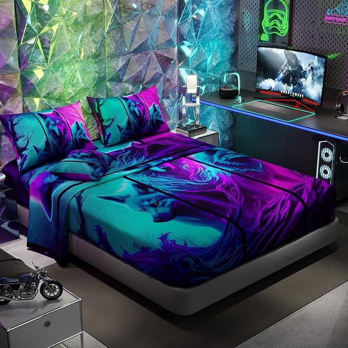Namoxpa6 Pieces Wolf Comforter Sets,3D Purple Pattern,Decorative 6 Piece Bedding Sets with Comforter,Flat Sheet,Fitted Sheet,Throw Pillow Cover,Pillow Shams,Queen Size