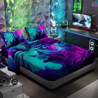 Namoxpa6 Pieces Wolf Comforter Sets,3D Purple Pattern,Decorative 6 Piece Bedding Sets with Comforter,Flat Sheet,Fitted Sheet,Throw Pillow Cover,Pillow Shams,Twin Size