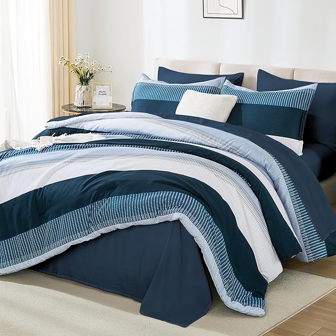 Andency Queen Comforter Set Navy - 7 Pieces Striped Bed in a Bag, Soft Microfiber All Season Patchwork Bedding Set with Comforter, Fitted & Flat Sheet, Pillowcases & Shams