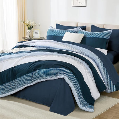 Andency Full Size Comforter Set Navy - 7 Pieces Striped Lightweight Bed in a Bag, Soft Microfiber Reversible Bedding Set with Comforter, Fitted & Flat Sheet, Pillowcases & Shams