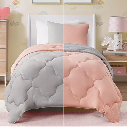 Comfort Spaces Vixie Reversible Comforter Set - Trendy Casual Geometric Quilted Cover, All Season Down Alternative Cozy Bedding, Matching Sham, Coral/Gray, Twin/Twin XL 2 piece