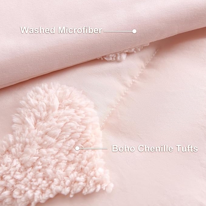 Boho Tufted Comforter Set Queen Size Pink Heart Tufted Textured Bedding Set 3 Pieces Farmhouse Shabby Chic Embroidery Bed Set Soft Jacquard Comforter for All Season with 2 Pillowcases