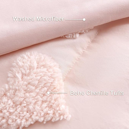 Boho Tufted Comforter Set Queen Size Pink Heart Tufted Textured Bedding Set 3 Pieces Farmhouse Shabby Chic Embroidery Bed Set Soft Jacquard Comforter for All Season with 2 Pillowcases