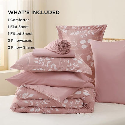 Bedsure Rose Pink Full Comforter Set - 7 Pieces Floral Bedding Sets Full Bed in a Bag with Reversible Botanical Flowers Comforter, Sheets, Pillowcases & Shams