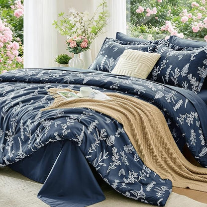 MUXHOMO Navy Blue Bed in a Bag Queen 7 Pieces, Queen Comforter Set Reversible Botanical Flowers Design, Ultra Soft & Breathable Bedding Sets with Comforter, Sheets, Pillowcases & Shams