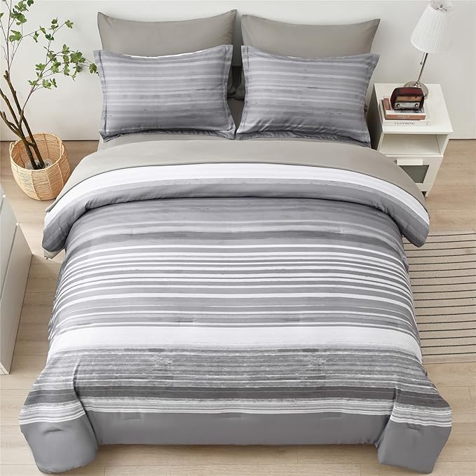 KAKIJUMN 7 Piece Bed in a Bag Stripe Comforter Set King Size, White Grey Patchwork Striped Comforter and Sheet Set, All Season Soft Microfiber Complete Bedding Set(Light Grey,King)