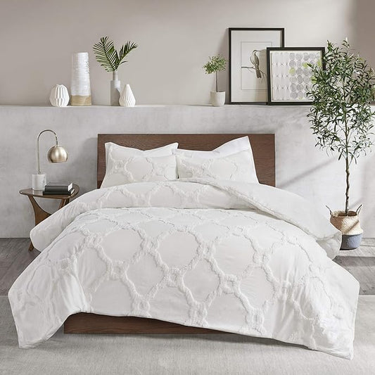 Madison Park Tufted Chenille Cotton Comforter, All Season Bedding Set, Matching Shams, Pacey Shabby Chic, Geometric Ogee Off White King/Cal King(104"x92") 3 Piece
