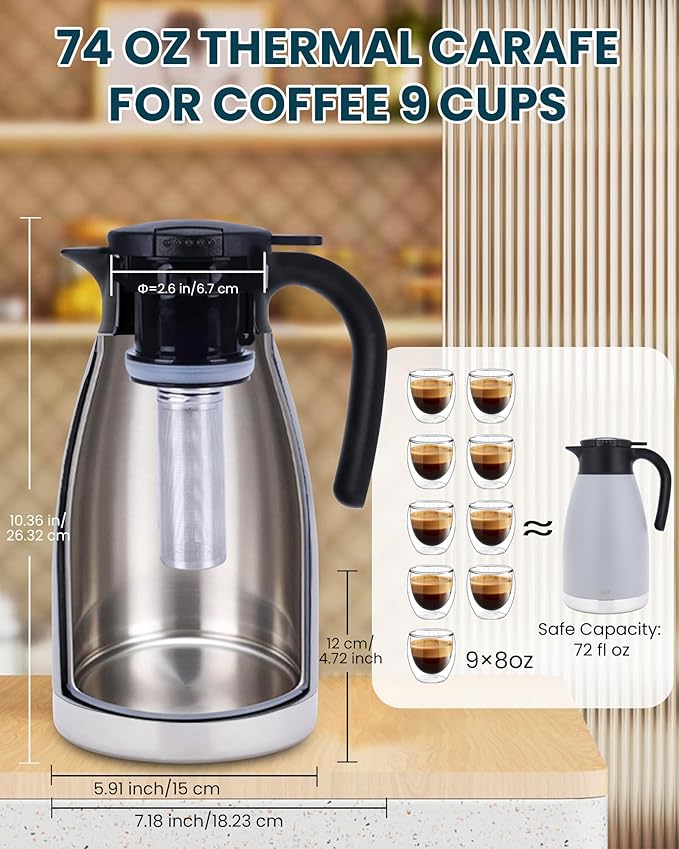 GiNT 74oz Large Thermal Coffee Carafe with Infuser–Insulated Tea Carafe, Removable Filter, Dishwasher-Safe|2.2L 10+ Cups,Wide Mouth,Dual Seal|Stainless Steel Beverage Server for Office&Events