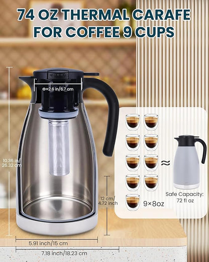 GiNT 74oz Large Thermal Coffee Carafe with Infuser–Insulated Tea Carafe, Removable Filter, Dishwasher-Safe|2.2L 10+ Cups,Wide Mouth,Dual Seal|Stainless Steel Beverage Server for Office&Events
