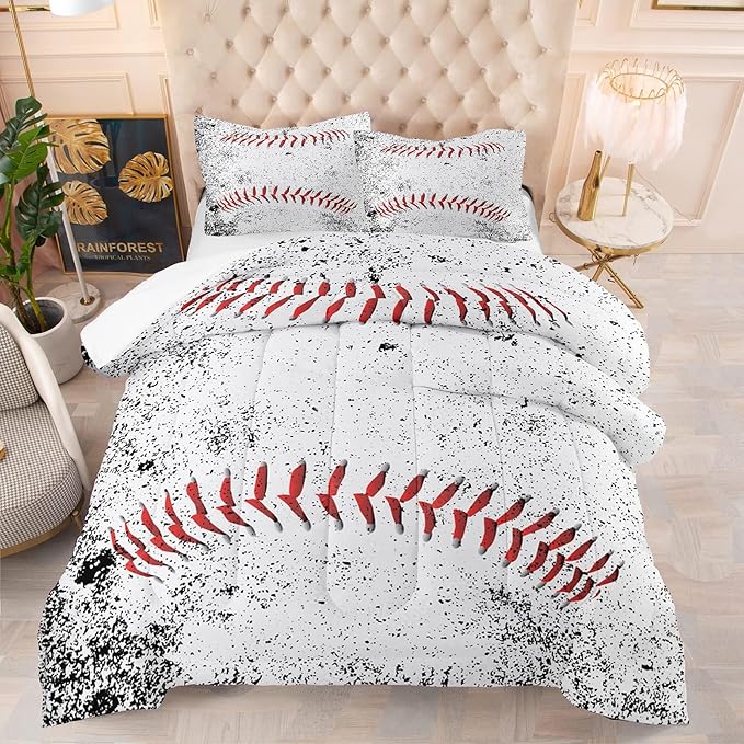 NINENINE Baseball Bedding Sets Full Size Sports Bedding Sets for Boys 5PCS Teen Boy Bedding White Comforter Sets(1Comforter, 1Flat Sheet, 1Fitted Sheet, 2Pillowcases)