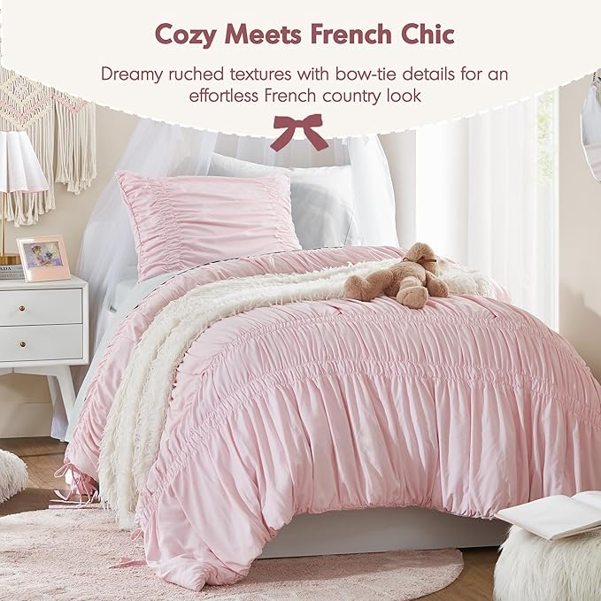 Intelligent Design Twin Comforter Set Ruched Shabby Chic Comforters for Twin Size Bed, All Season Lightweight Comforter Twin, French Country Bedding Set, Sham, Ella, Twin/Twin XL Pink, 2 Piece