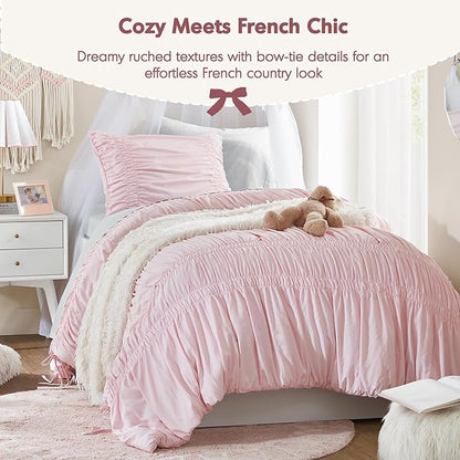 Intelligent Design Twin Comforter Set Ruched Shabby Chic Comforters for Twin Size Bed, All Season Lightweight Comforter Twin, French Country Bedding Set, Sham, Ella, Twin/Twin XL Pink, 2 Piece