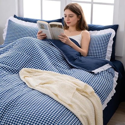 A Nice Night Comforter 5Pcs Full Size,Navy Ruffle Comforter for Dorm Room Essentials for Twin Bed,Plaid Checkered Chic Bedding Bed in a Bag for Girls