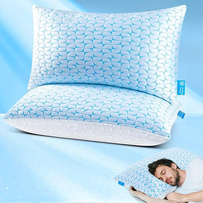 QUTOOL Firm Pillow Shredded Memory Foam, Cooling Pillow for Hot Sleeper, Adjustable Bed Pillow for Side Back Stomach Sleepers, Washable Cover, CertiPUR-US Certified, King Size Set of 2