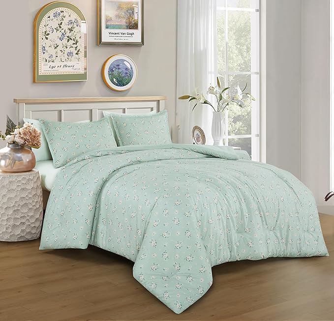Chezmoi Collection Thistle 3-Piece Tranquil Floral Comforter Set Full - Soft Green White Floral Printed Microfiber Lightweight Bedding Set for All Season