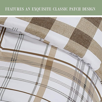 Elegant Comfort 8-Piece Lodge Plaid Reversible Comforter Set - All Season Bed in a Bag, 4-Piece Sheet Set Featuring Smart Pockets, Matching Shams and Decorative Pillow, Full/Queen, Taupe